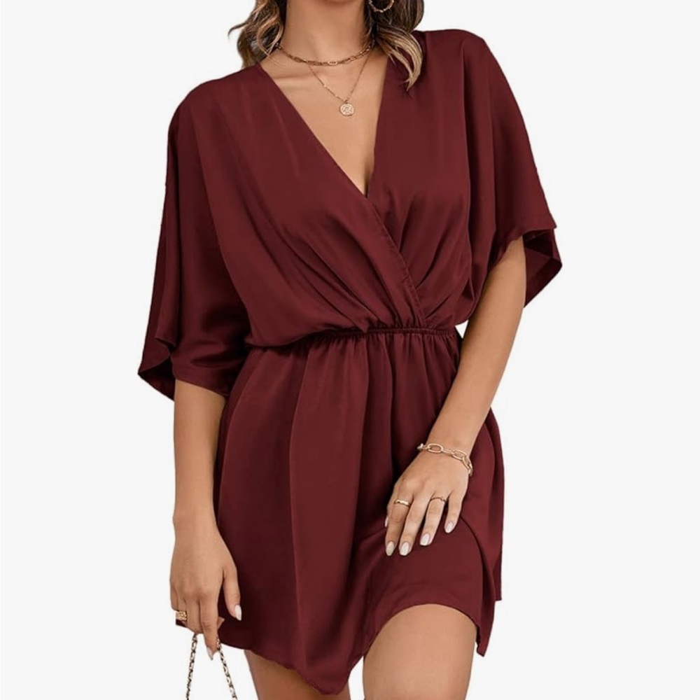 Satin V Neck Twist Ruffle Flowy Swing Short Sleeve Elegant Mini Dress